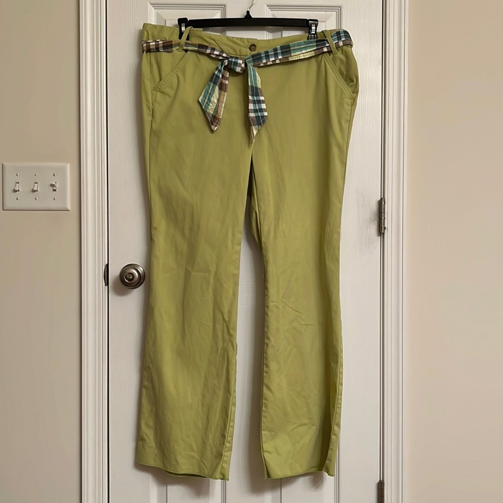 Land’s End Green Preppy Cotton Trousers Unfinished Hem Removable Plaid Belt 18P